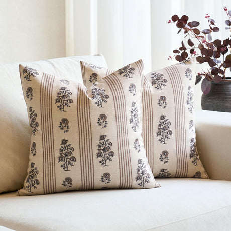 Amor Virisso Floral Throw Pillow Covers 18x18 Set of 2 Block Print Pillow Covers Neutral Floral Striped Farmhouse Decorative Pillow Covers for Sofa Couch Bed, Brown Amor Virisso