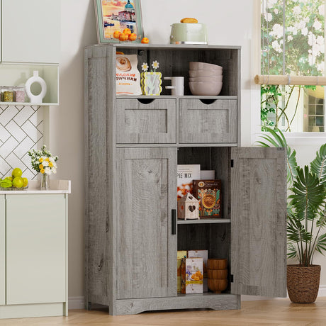 Iwell Bathroom Cabinet with 2 Drawers & 2 Adjustable Shelves, Storage Cabinet with Doors, Cupboard, Floor Cabinet for Living Room, Home Office, Grey Iwell