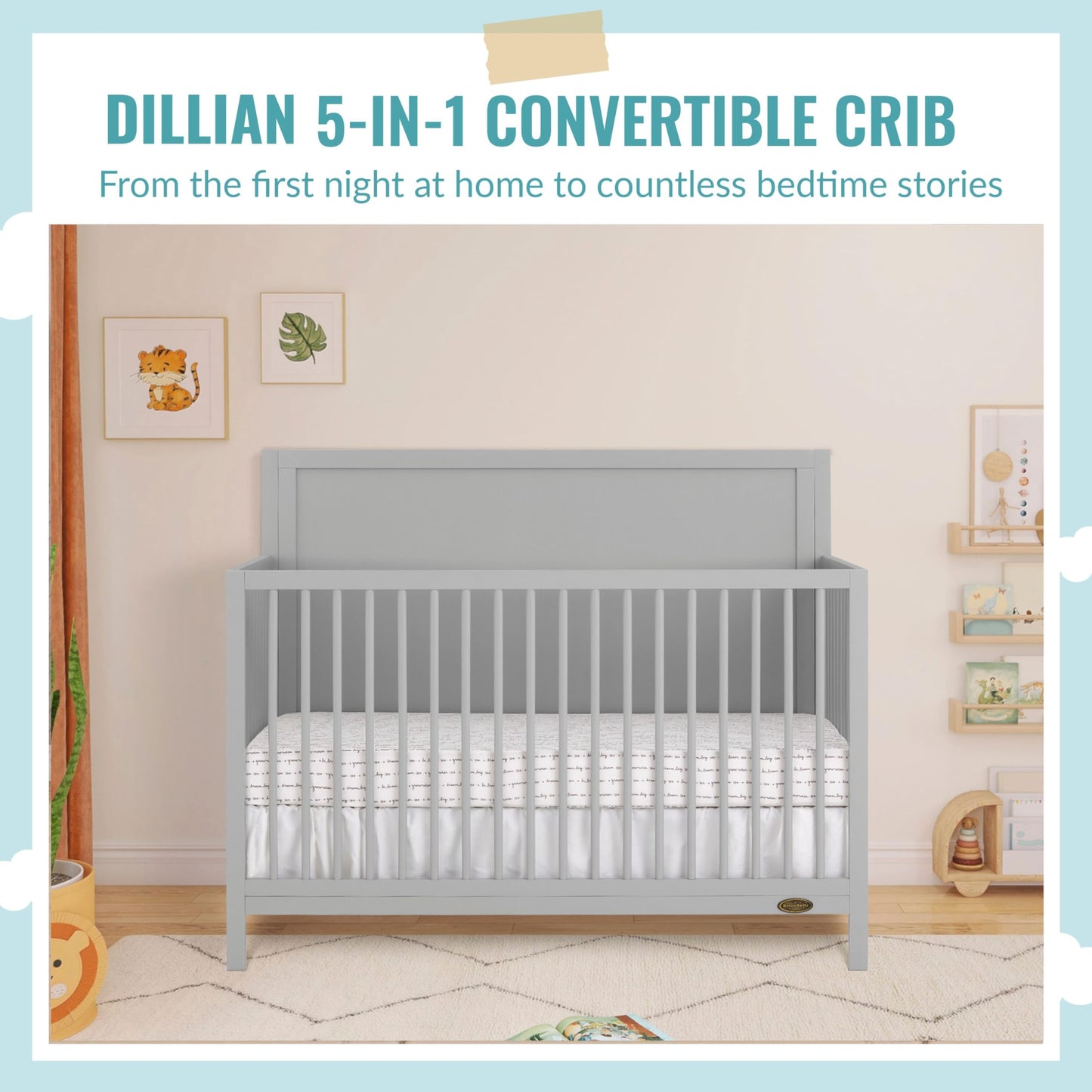 Dream On Me Dillian 5-in-1 Convertible Crib in Pebble Grey, JPMA & Greenguard Gold Certified, Crafted with New Zealand Pinewood