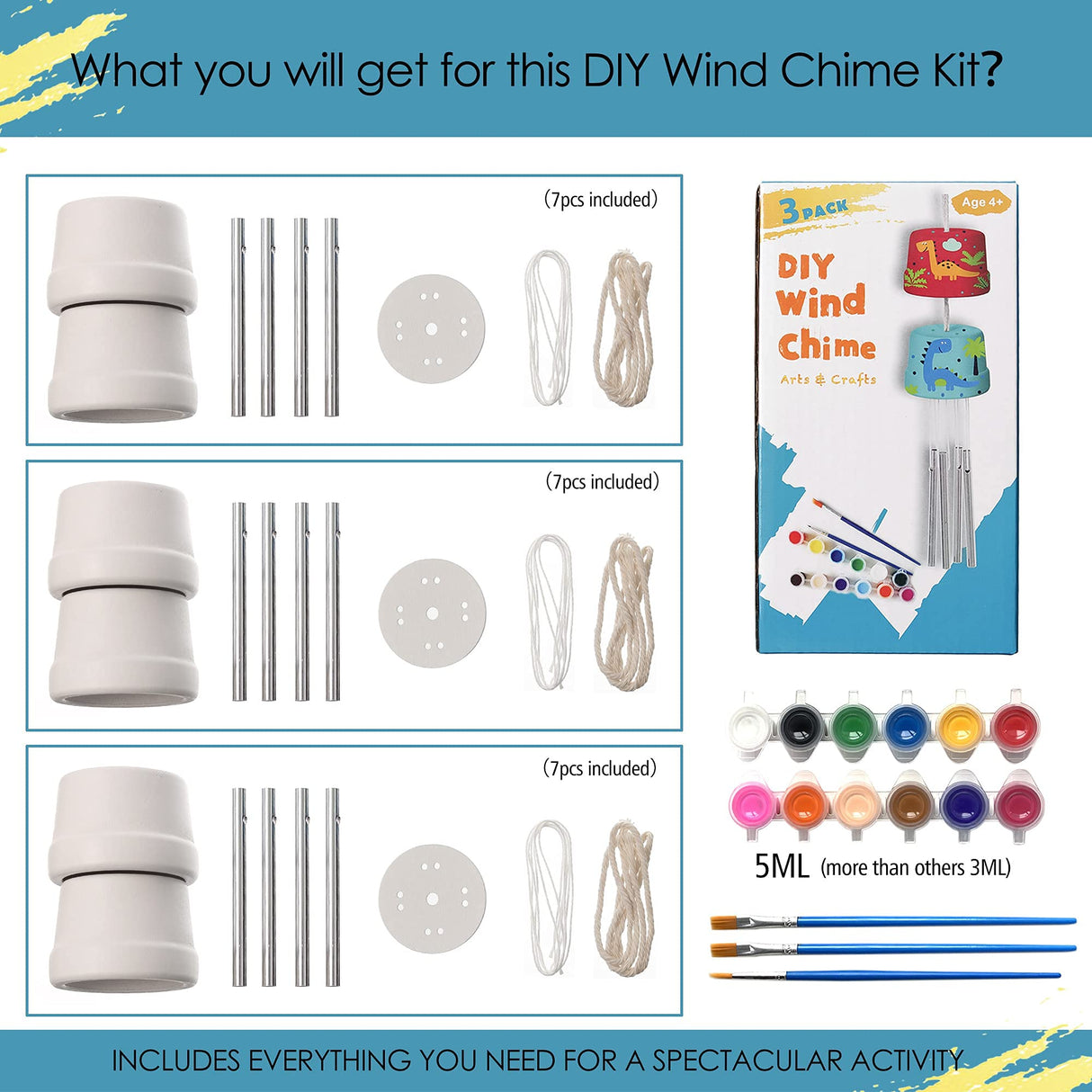 3-Pack DIY Wind Chime Kits- Arts and Crafts for Boys Girls Kids Ages 8-12 4-8 6-8 5-7 3-5, Construct & Paint Birthday Holiday for Kids HOSKO