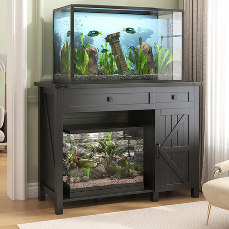 Saudism 40 Gallon Aquarium Stand With Charging Station, Farmhouse Fish Tank Stand, Reptile Tank Stand Terrarium Stand with Drawer and Cabinet Storage, Sturdy Heavy Duty 41.9"×18.3" Tabletop - Black Saudism