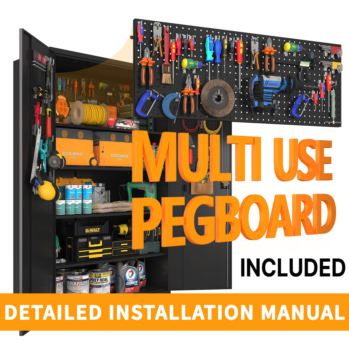 Upgraded Tall & Wide Metal Storage Cabinet with Doors & 4 Adjustable Shelves | Heavy-Duty Black Lockable Garage Cabinet with Wheels & Pegboard for Office, Gym, Basement, Warehouse (Black) basenji