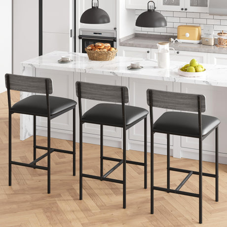 Amyove Bar Stools Set of 2, Upholstered Bar Chairs with Back, 25.5 Inches Kitchen Bar Stools with Footrest, Thick Cushion, Counter Height Barstools for Island, Counter Bar, Easy Assembly, Rustic Grey Amyove