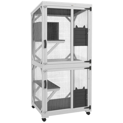 PawHut Wooden Catio with Waterproof Roof, Large Cat House with High-Up Resting Box, Indoor & Outdoor Cat Enclosure with Wheels, for 1-3 Cats, White