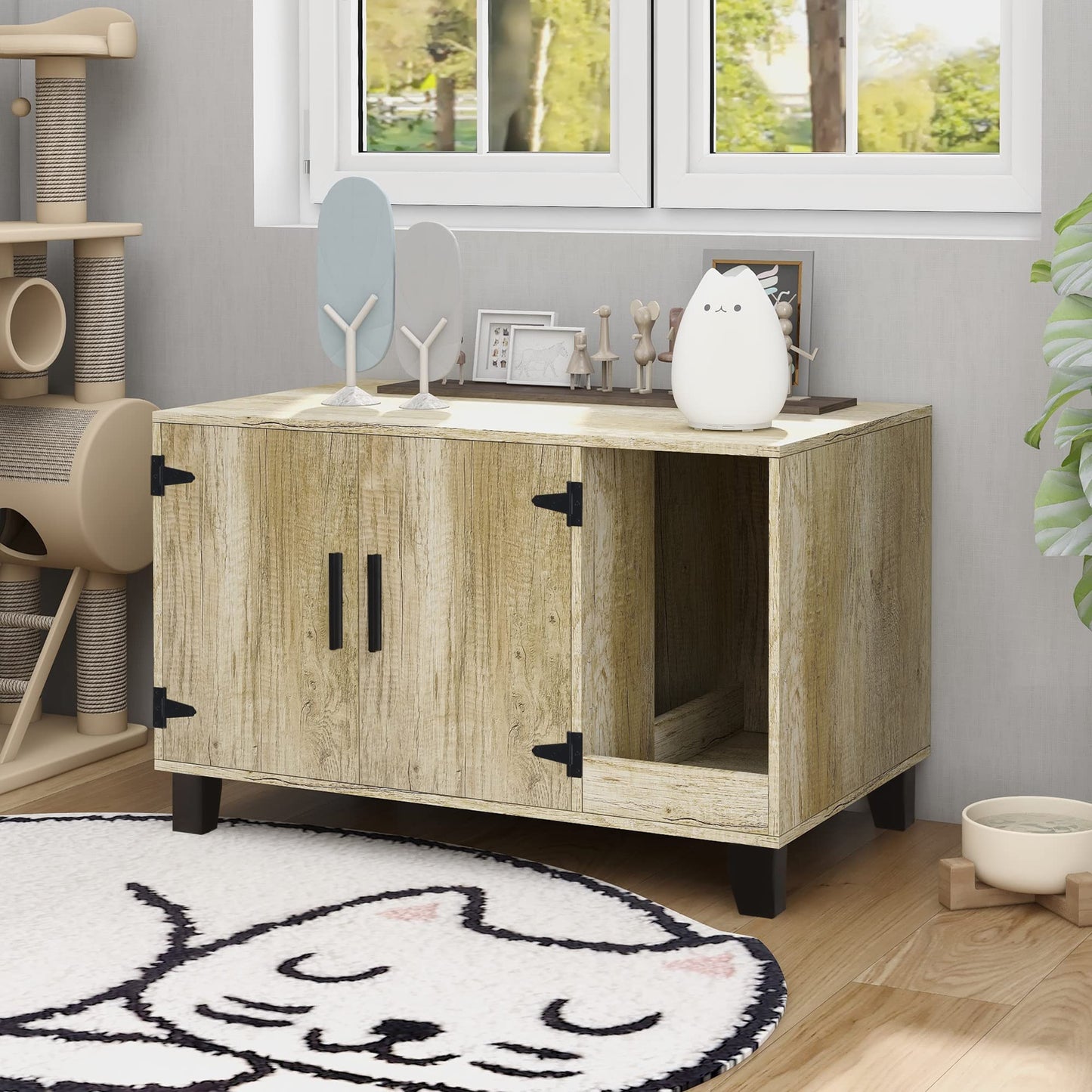 TaoHFE Litter Box Enclosure Cat Litter Box Furniture Hidden with Cat Scratch Pad Decorative Farmhouse Wooden Hidden Litter Box Cat House Litterbox Furniture Cat Box Furniture Litter Box Cabin - WoodArtSupply