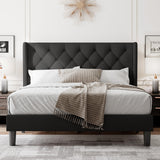 Feonase Full Size Bed Frame with Upholstered Wingback Headboard,Button Tufted Platform Bed and Heavy Duty Wooden Slats Support,Easy Assembly, Noise-Free,No Box Spring Needed, Black Feonase