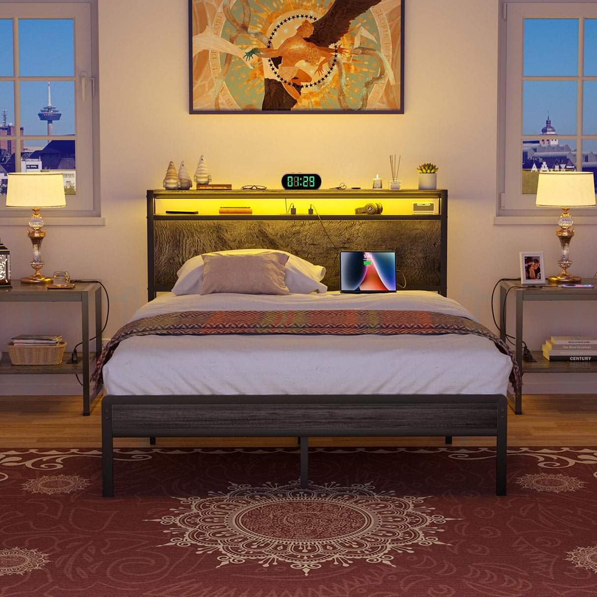 Homieasy Full Size Bed Frame with Headboard, Metal Full Bed Frames with Charging Station and Led Lights, Industrial Platform Bed Frame, No Box Spring Needed, Noise-Free, Black Oak Homieasy