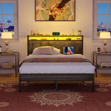 Homieasy Full Size Bed Frame with Headboard, Metal Full Bed Frames with Charging Station and Led Lights, Industrial Platform Bed Frame, No Box Spring Needed, Noise-Free, Black Oak Homieasy