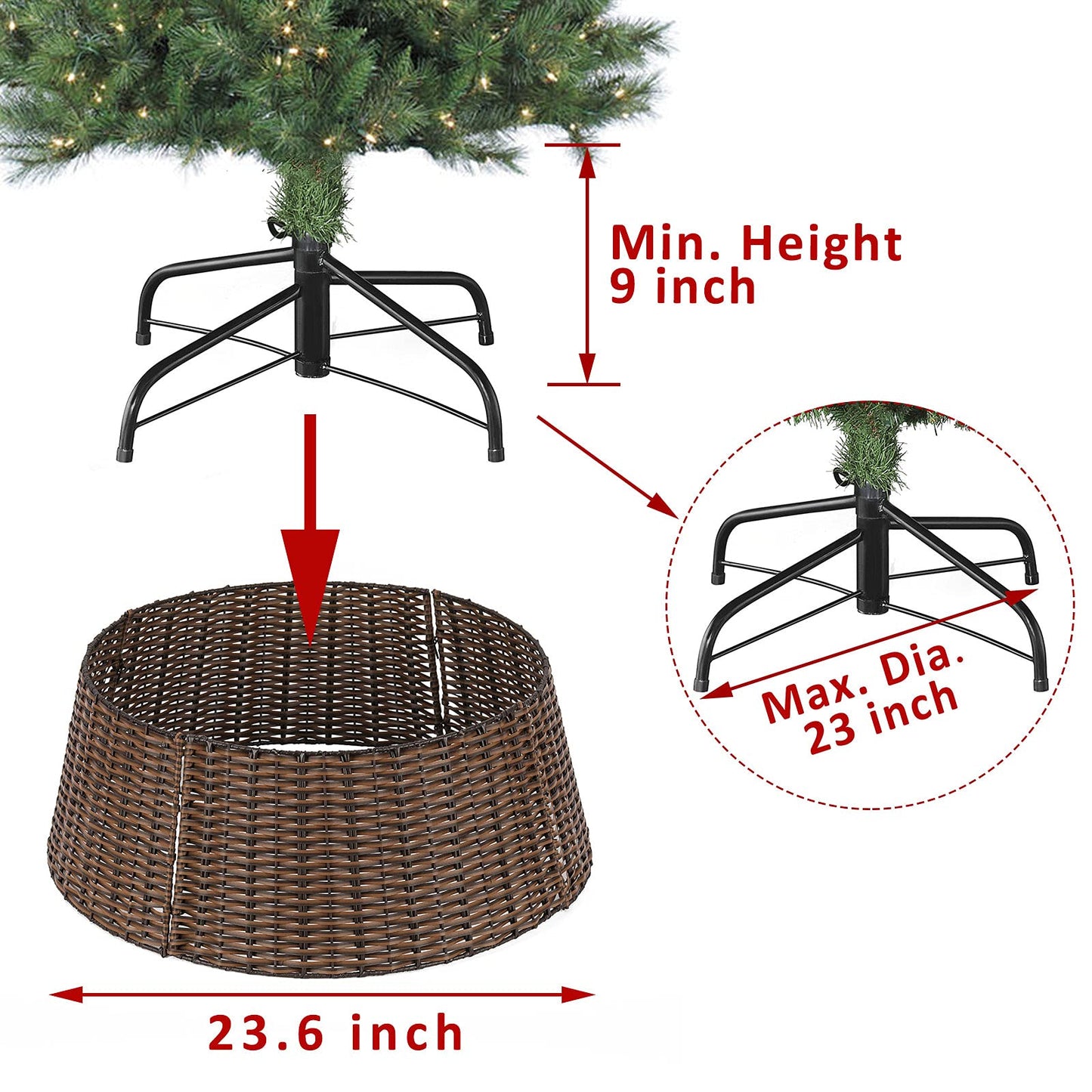 Christmas Tree Collar, 23’’ D Handmade Artificial Rattan Wicker Christmas Stand Tree Collar Basket Base Cover for Holiday Decoration