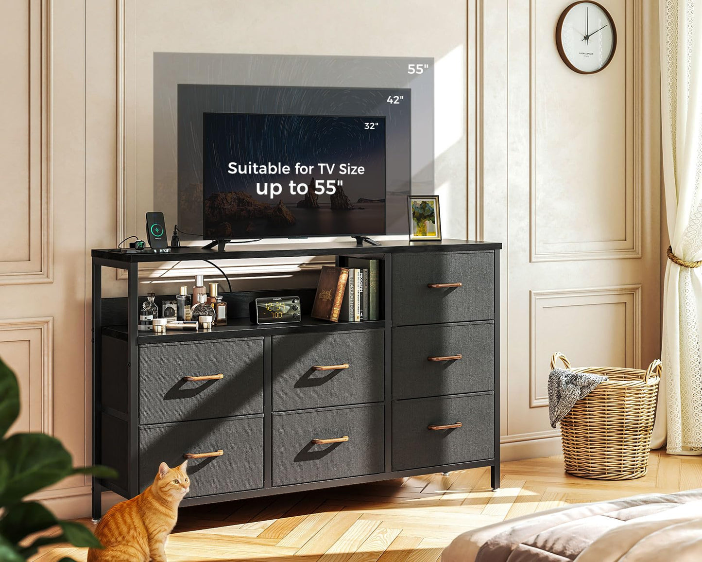 AODK Dresser with Charging Station, 52-Inch Long Dresser for Bedroom with 7 Large Fabric Drawers, Dresser TV Stand with Open Shelves for 55-Inch TV, Dark Grey