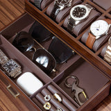 KAMIER Watch Box for Men, 10 Slots Mens Watch Case with Glass Lid, Watch Display Case With Drawer, 2-Layer Watch Holder Organizer, Jewelry and Watch Storage for Men Women, Walnut KAMIER