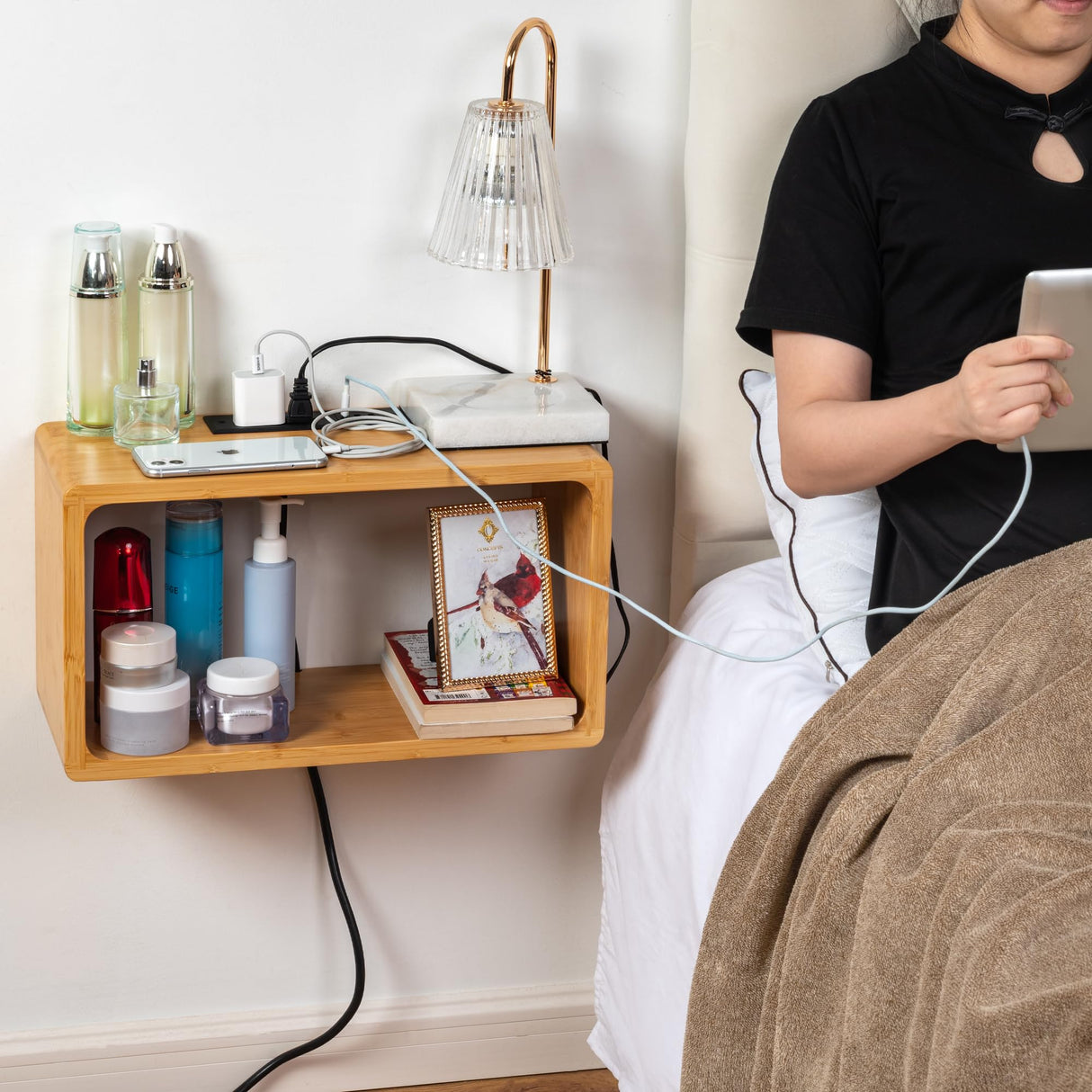 Floating Nightstand Oak Wooden Shelf Wall Mount - Stylish & Minimalistic Bedside Shelf Hanging Charging USB Charger Station Rest Side Table for Bedroom Living Room Office Home Decor (Natural) KAAS HAUS