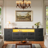 Huuger 70 Inch TV Stand for 75, 80 Inch TV, 11 Drawer Long Dresser with Power Outlets and LED Lights, Entertainment Center with Storage, Black Dresser with PU Leather Surface, 1TS011B Huuger