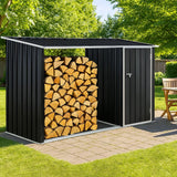 CWKISS 2-in-1 Outdoor Garden Storage Shed with Firewood Rack, Heavy Duty Galvanized Steel Tool Shed with Sloped Roof, Weather-Resistant Backyard Storage for Tools, Equipment & Firewood CWKISS