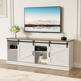 Trumbeak Farmhouse TV Stand for Televisions up to 75 Inchs,Entertainment Center with Sliding Barn Doors and Storage Cabinets,Modern Media TV Console Table for Living Room,Bright White Trumbeak