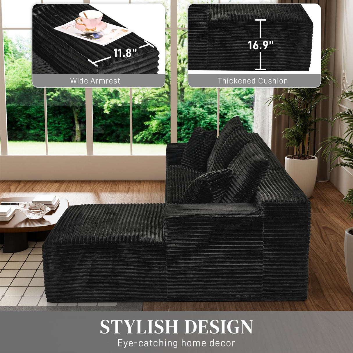 Modular Sectional Sofa Cloud Sectional Couch, 107" Comfy Fluffy L Shaped Black Couches for Living Room, Deep Seat Memory Foam Plush Corduroy Boneless Couch Sectionals with Right Facing Chaise Sofa HYJT-H&K