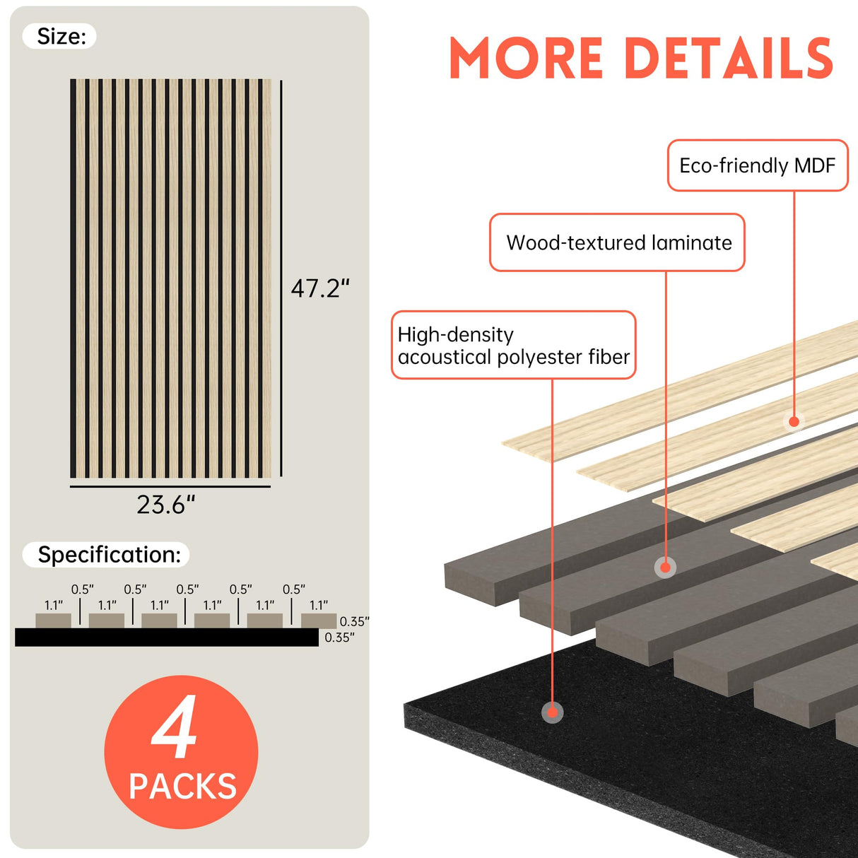 RITOLLO Wood Slat Wall Panel | 4 Pcs Soundproof Wall Panels 48" x 24.5" Wood Wall Panels 3D Sound Dampening Panels Wall Decoration - Oak RITOLLO