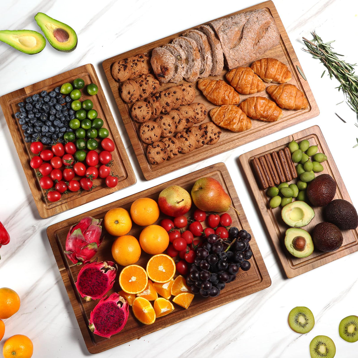 Wood Cutting Boards for Kitchen, Large Cutting Board Set of 4, Wooden Cutting Boards with Juice Grooves, Chopping Board for Meat, Veggies, Easy Grip Handle (double 17x12, 12x9, 12x8 inch) Lelwoy