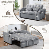 JEEOEHY 3 in 1 Convertible Sleeper Sofa Bed,Velvet Pull Out Couch Bed w USB&Type C Port,Comfy Futon Loveseat w Adjustable Backrest&Phone Stand&Cup Holder for Living Room Apartment Small Space(Grey) JEEOHEY