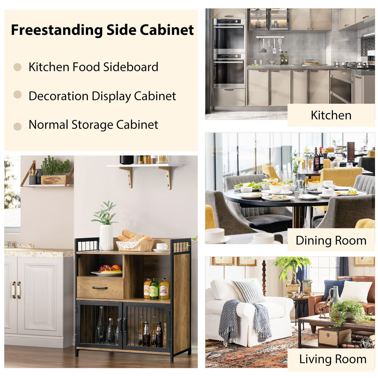 Giantex Buffet Cabinet with Storage, Kitchen Sideboard, 2 Door Storage Cabinet with Drawer, Wood Shelves Metal Frame, Industrial Cupboard Utensil Tableware Organizer Giantex