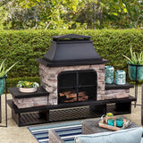 Sunjoy Outdoor Fireplace, Patio Wood Burning Fireplace with Steel Chimney, Mesh Spark Screen Doors, Fire Poker, and Removable Grate, Black Sunjoy