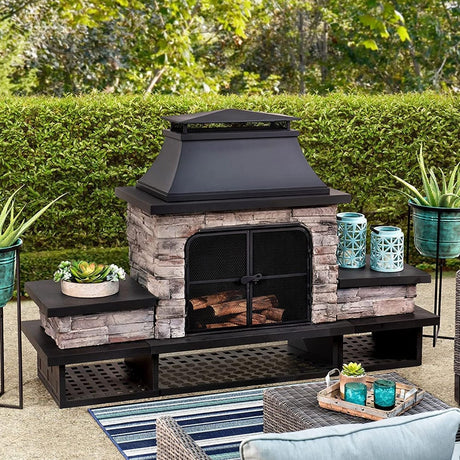 Sunjoy Outdoor Fireplace, Patio Wood Burning Fireplace with Steel Chimney, Mesh Spark Screen Doors, Fire Poker, and Removable Grate, Black Sunjoy