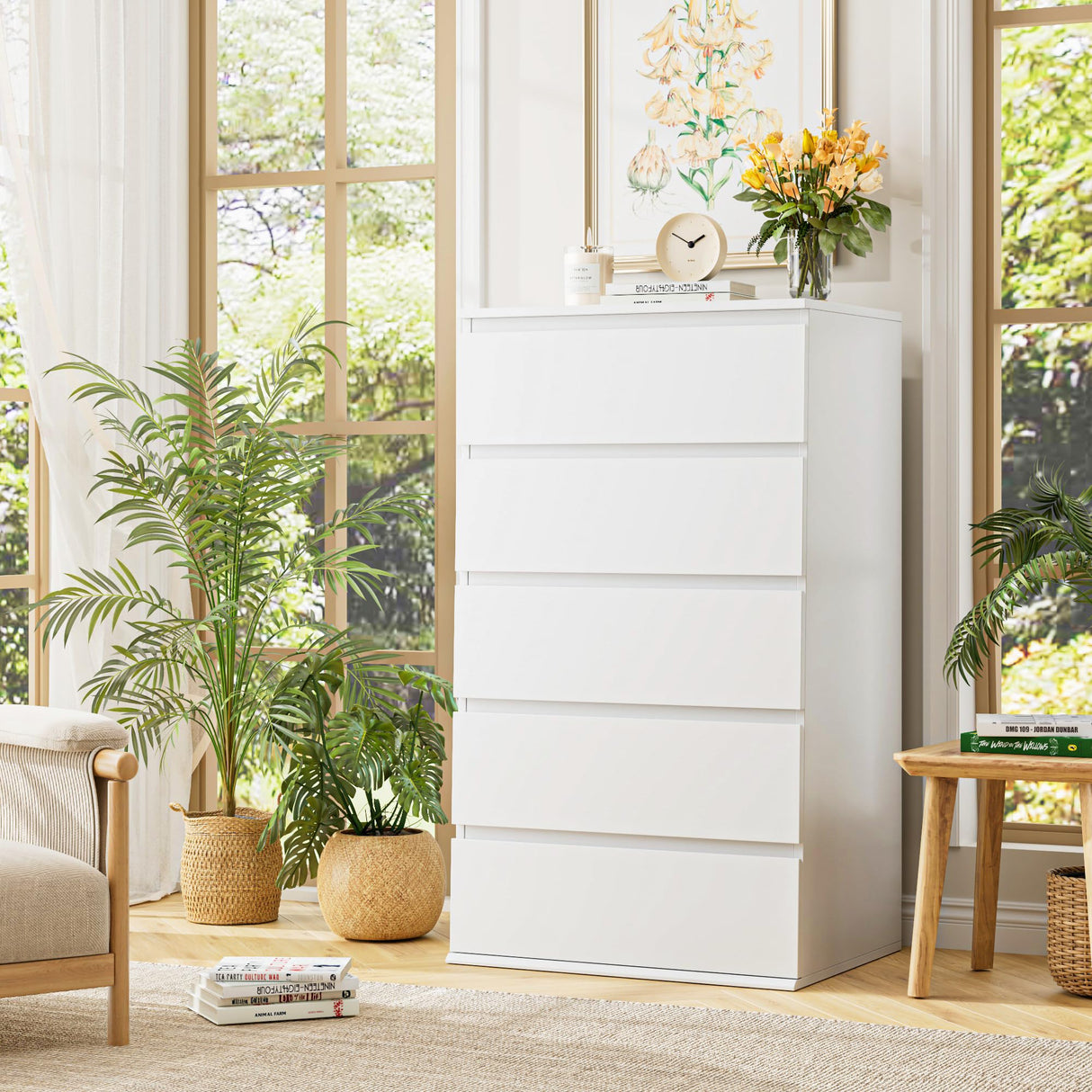 FOTOSOK White Dresser, 5 Drawer Dresser Tall White Dresser with Large Storage Space, Modern Storage Chest of Drawers, 23.6L x 17.6W x 39.1H Inch Storage Organizer Cabinet for Home, White FOTOSOK