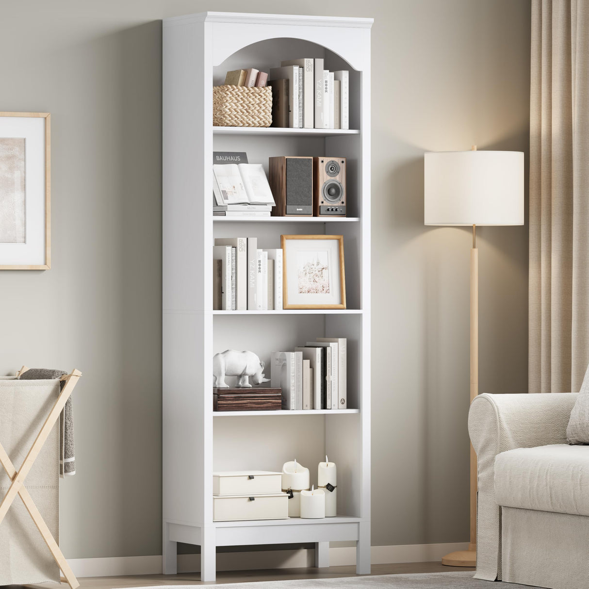 Arched Bookshelf with 5 Tier Open Shelves, 71" Tall Wood Bookcase with Adjustable Shelves, 24" Wide Floor Standing Display Storage Shelf for Home Office, Kitchen, Study and Living Room, Modern White jmhdyg