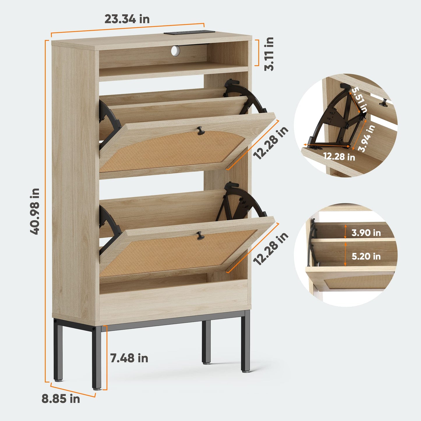 Wanttii Shoe Cabinet, Shoe Storage Cabinet with 2 Flip Drawers, Slim Shoe Storage Rack with Charging Station for Entryway, Hallway, Living Room (Natural) - WoodArtSupply