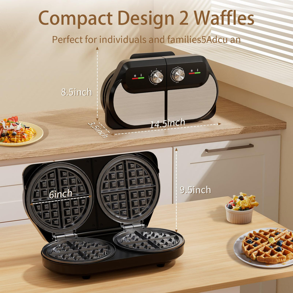 YASHE Double Waffle Maker 6 Inch, 1400W Belgian Waffle Maker for Breakfast and Snacks, Stainless Steel Waffle Iron with Nonstick Plates, Temperature Knob, Cool-Touch Handles YASHE