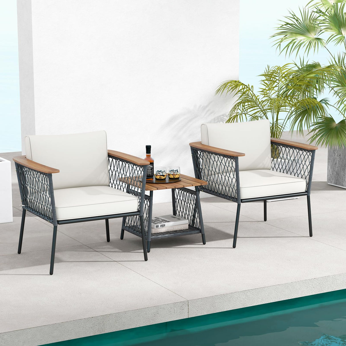 Tangkula 3 Piece Patio Furniture Set, Rattan Chair Set w/ 2-Tier Coffee Table, Acacia Wood Armrests & Tabletop, Soft Seat & Back Cushions, Outdoor Wicker Conversation Set (Off White+Grey) Tangkula