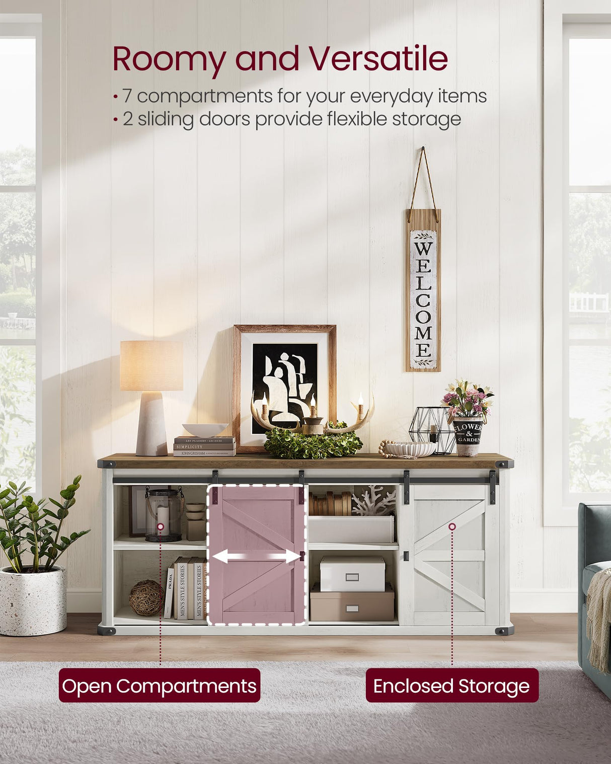 VASAGLE TV Stand for TVs up to 65 Inches, Farmhouse Entertainment Center with Sliding Barn Doors, TV Console Table for Living Room, Rustic White and Honey Brown ULTV324W73 VASAGLE