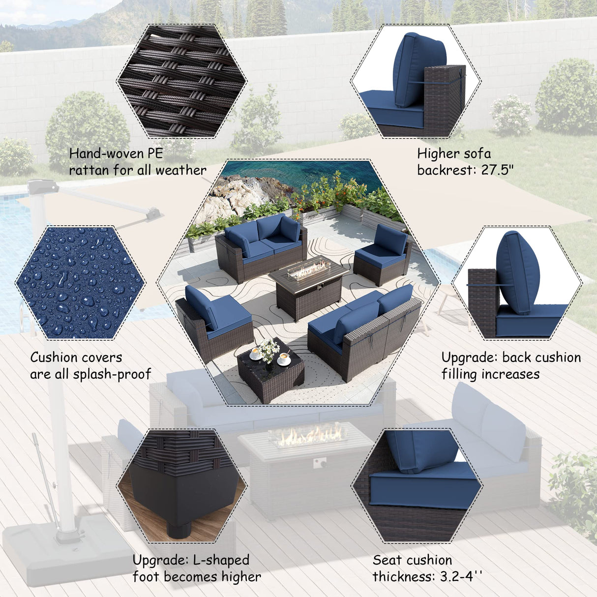 ALAULM 11 Pieces Patio Furniture Set with 2 Swivel Chairs Patio Furniture Outdoor Sectional Sofas with 55000 Gas Fire Pit Patio Conversation Set w/8 Cushions-Dark Blue ALAULM