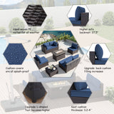 ALAULM 11 Pieces Patio Furniture Set with 2 Swivel Chairs Patio Furniture Outdoor Sectional Sofas with 55000 Gas Fire Pit Patio Conversation Set w/8 Cushions-Dark Blue ALAULM