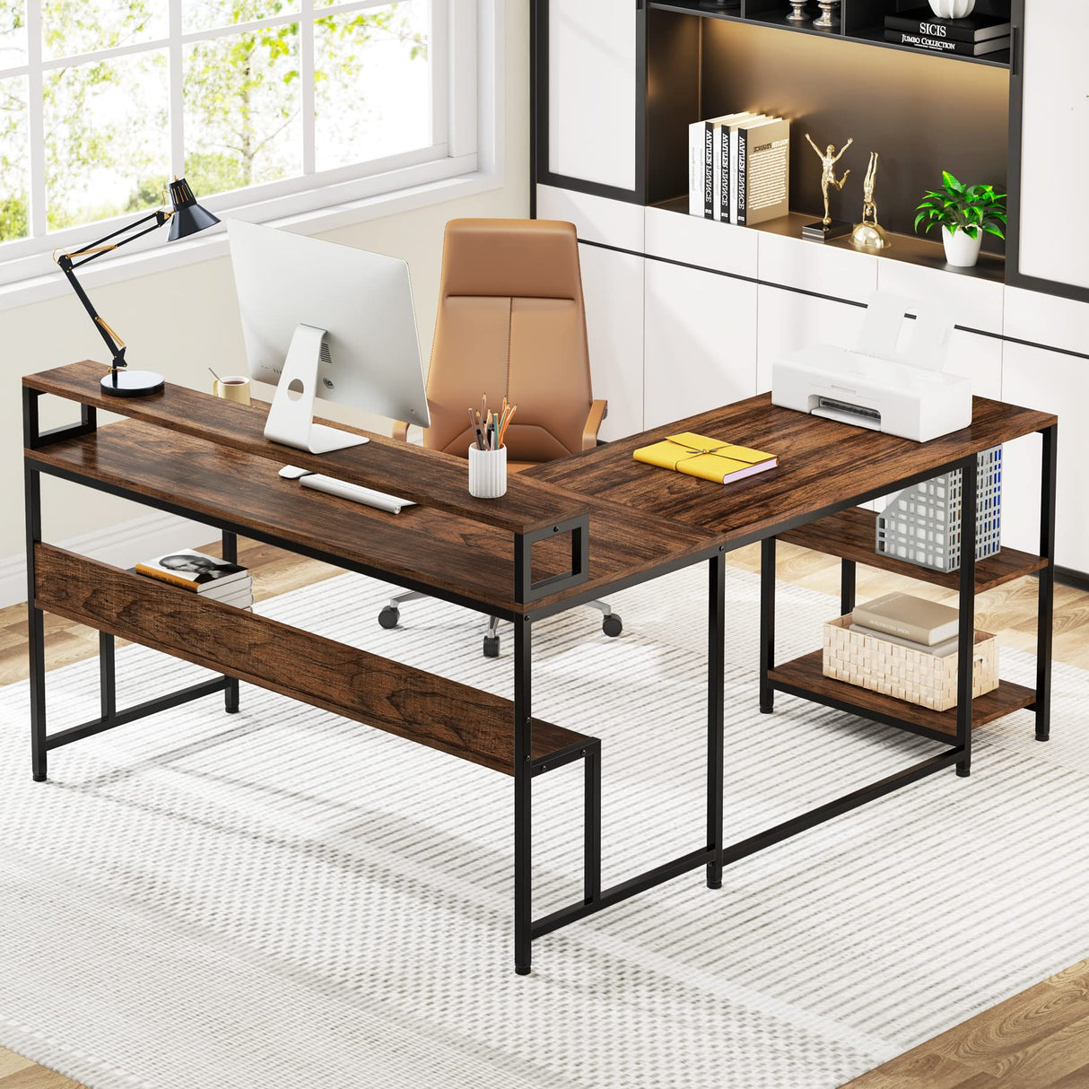 Tribesigns L Shaped Desk with Shelves, 59" Large Corner Computer Desk with Monitor Shelf, Reversible Home Office Desk with Bookshelf and Metal Frame, Two Person Desk, Rustic Brown Tribesigns