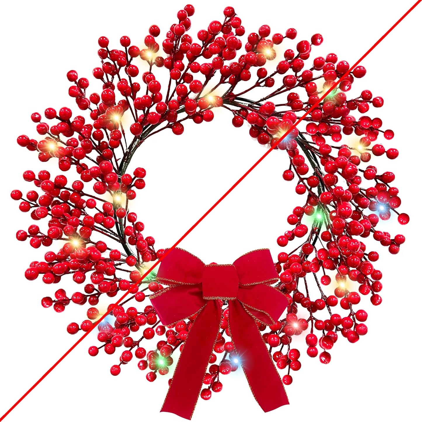 TURNMEON Dual Color Change&Timer 8 Modes Lighted Christmas Wreaths for Front Door, 20 Warm White&Color Lights with Bowknot Artificial Red Berry Christmas Wreath Xmas Winter Wreath Home Holiday 18 Inch