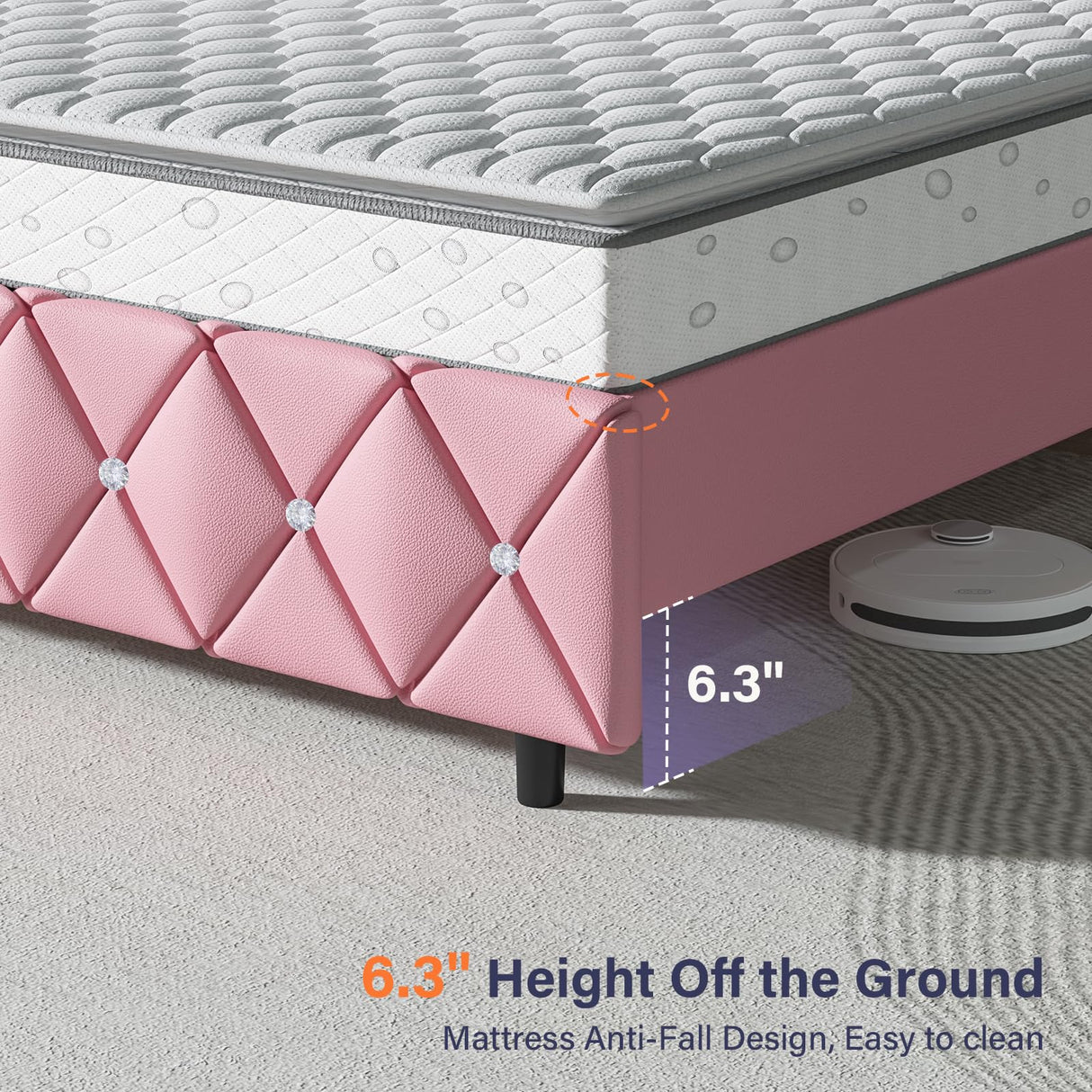 HOMBCK Queen Bed Frame, Upholstered Bed Frame Queen Size with Diamond Tufted Headboard, Faux Leather Headboard & Footboard, Wooden Slats Support, No Box Spring Needed, Easy Assembly, Pink HOMBCK