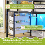 DICTAC Low Twin Loft Bed with Reading Corner,3 Sling Drawers and 2 Movable Storage Bins,Metal Twin Size Loft Bed for Kids with LED Lights and Storage Basket,13.98" H Safety Guardrail & Stairs, Black DICTAC