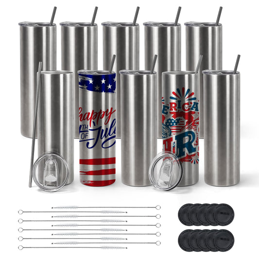 AGH 10 Pack 20oz Sublimation Tumblers Straight Skinny Tumblers, Stainless Steel Vacuum Insulated Tumblers with Lid and Straw, Double Wall Travel Coffee Tumblers, Keeping Chilled up to 12 Hour - WoodArtSupply