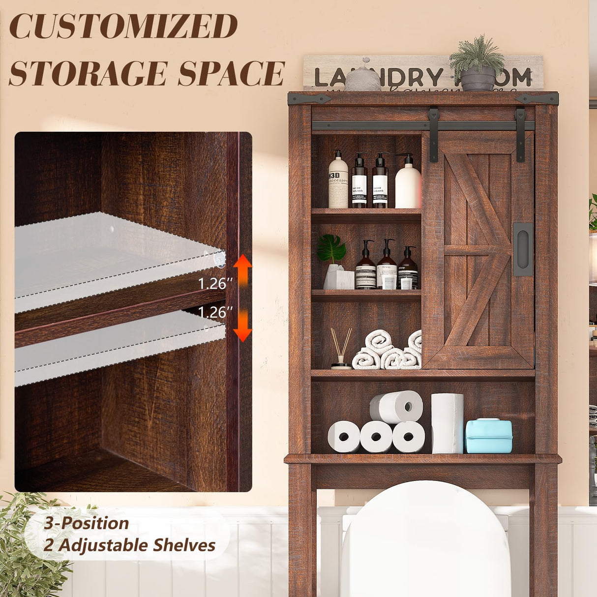LUXOAK Farmhouse Over The Toilet Storage Cabinet, 68" Tall Bathroom Storage Cabinet with Sliding Barn Door & Adjustable Shelves, Above Toilet Storage for Bathroom, Laundry Room, Reclaimed Barnwood LUXOAK
