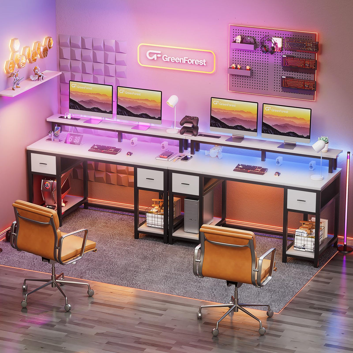 GreenForest Computer Desk 50 Inch with Monitor Stand and LED Lights, Gaming Desk with 2 Fabric Drawers and Power Outlets, Office Desk with Shelves, White GreenForest