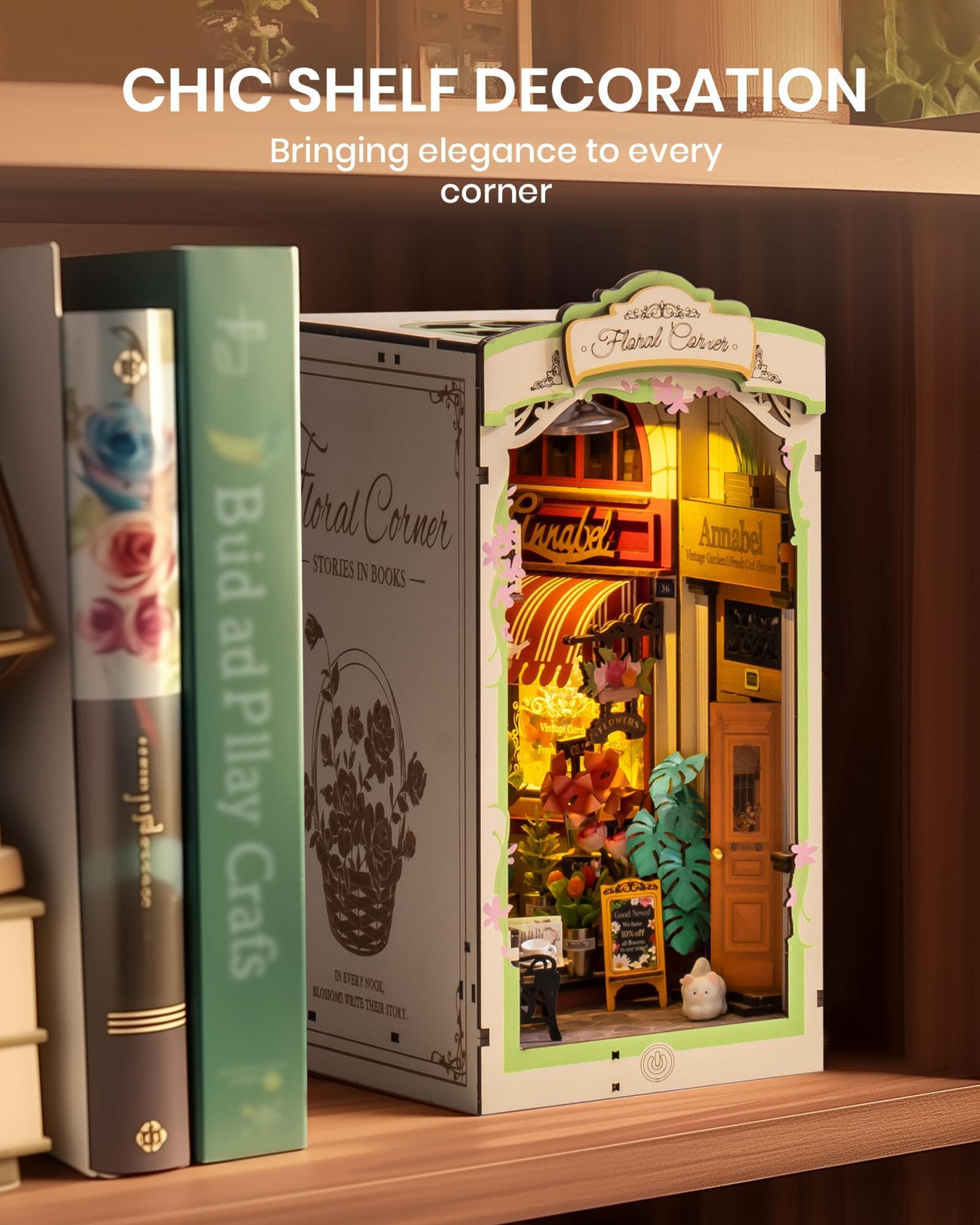 Rolife DIY Book Nook Kits for Adults, Miniature Dollhouse Booknook Kit for Home Room Decor, 3D Wooden Puzzle with LED, Flower Corner Creative Bookends Bookshelf Diorama Insert Rolife