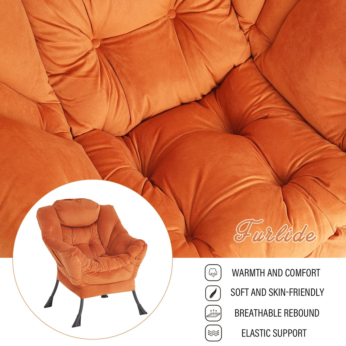 Furlide Lazy Chair with Ottoman, Modern Chair with Folding Footrest, Lounge Accent Chair, Comfortable Reading Chair, Oversized Armchairs for Bedroom, Study, Living Room, Courtyard (Velvet Orange) Furlide