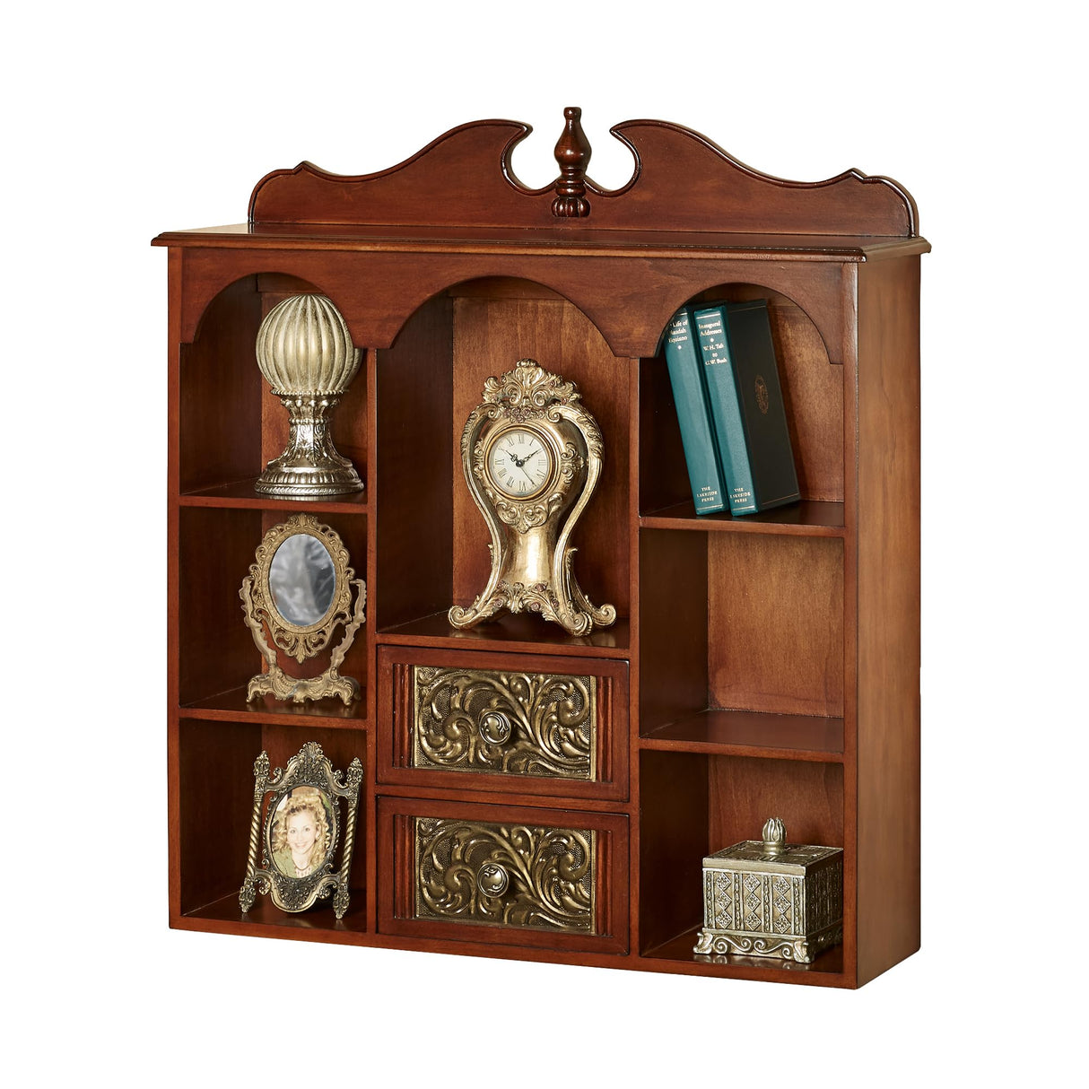 Sarantino Wall Wooden Curio Cabinet Natural Cherry - Traditional Style - Handcrafted Wood - Seven Shelves, Two Drawers - Ornate Medallion Designs - Touch of Class