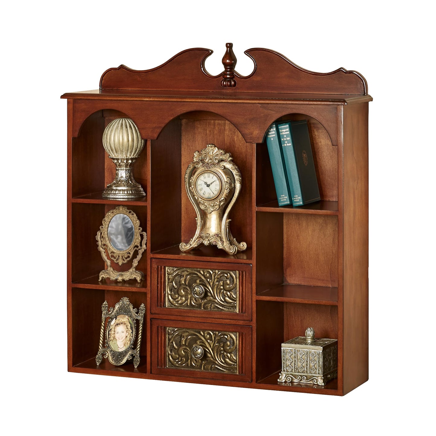 Sarantino Wall Wooden Curio Cabinet Natural Cherry - Traditional Style - Handcrafted Wood - Seven Shelves, Two Drawers - Ornate Medallion Designs - - WoodArtSupply