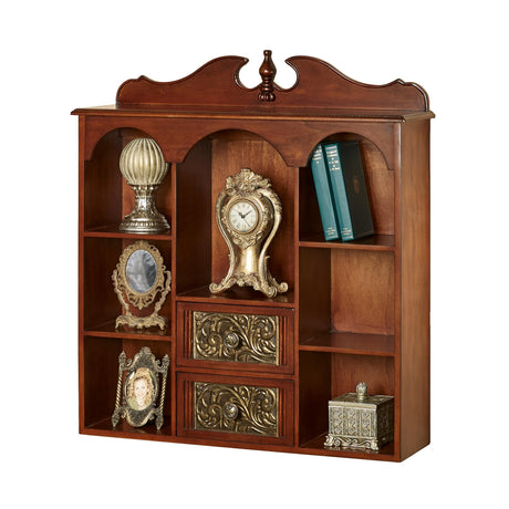 Sarantino Wall Wooden Curio Cabinet Natural Cherry - Traditional Style - Handcrafted Wood - Seven Shelves, Two Drawers - Ornate Medallion Designs - Touch of Class