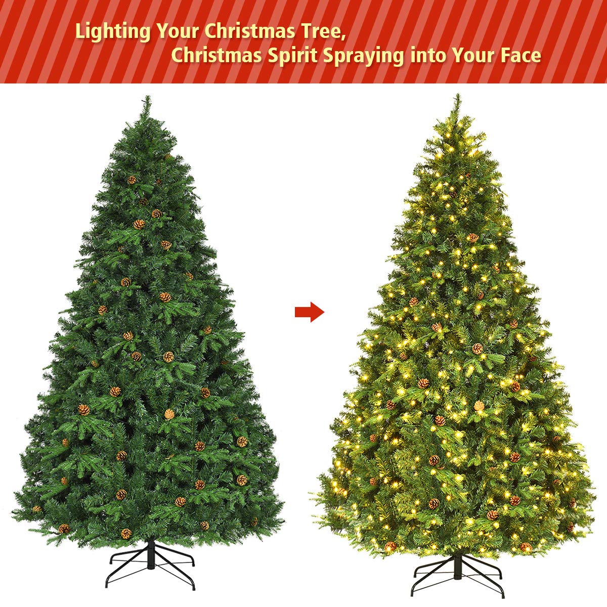 Goplus 8ft Pre-Lit Artificial Christmas Tree, Premium Spruce Hinged Tree 600 LED Lights and Pine Cones, Xmas Tree for Holiday Indoor Décor