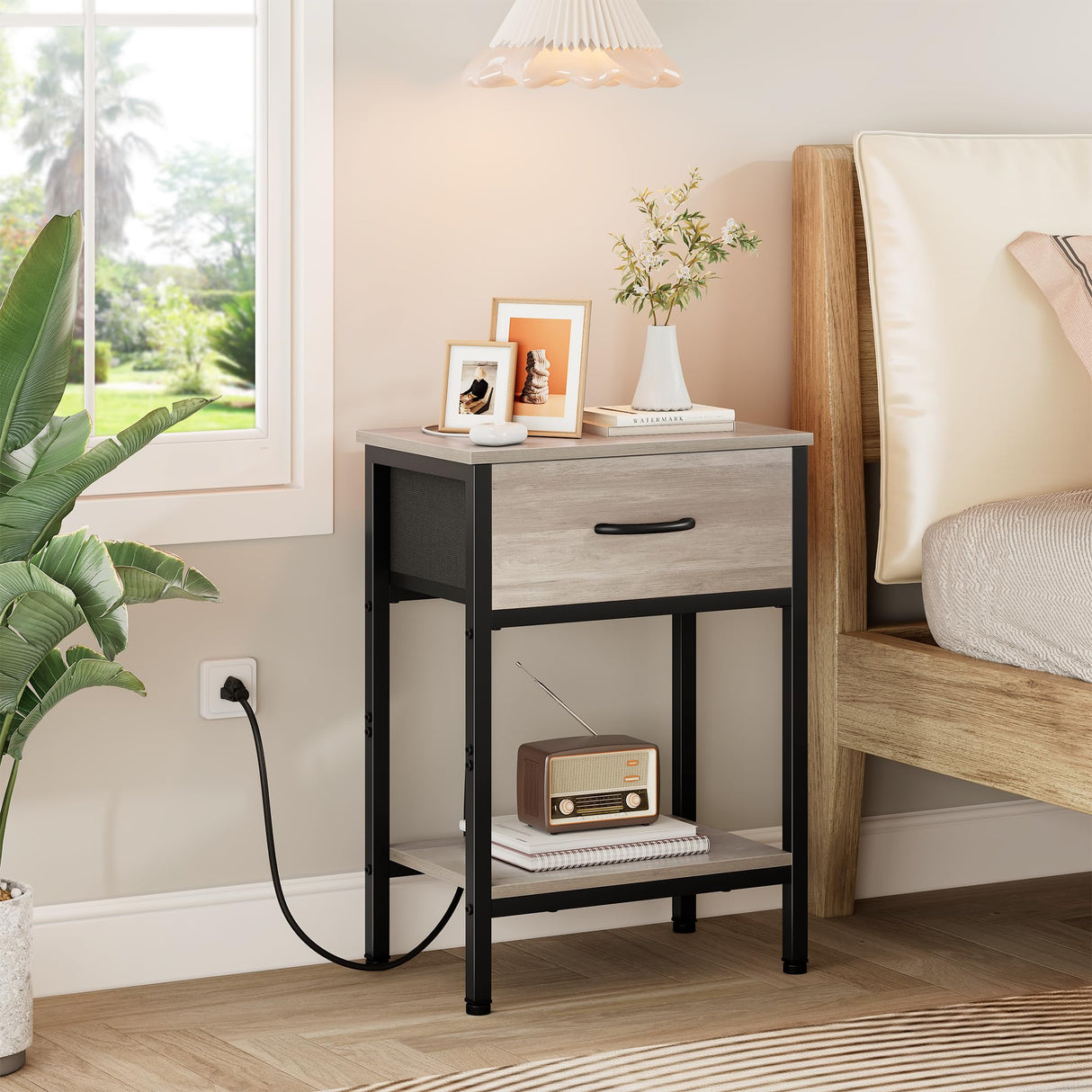 Vagusicc Nightstand Set of 2 with Charging Station, Bed Side Table with Fabric Drawer, Small End Table with 2-Tier Storage Shelves, 25.4" Tall Night Stand Bedside Table for Bedroom Living Room, Greige Vagusicc