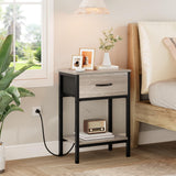 Vagusicc Nightstand Set of 2 with Charging Station, Bed Side Table with Fabric Drawer, Small End Table with 2-Tier Storage Shelves, 25.4" Tall Night Stand Bedside Table for Bedroom Living Room, Greige Vagusicc