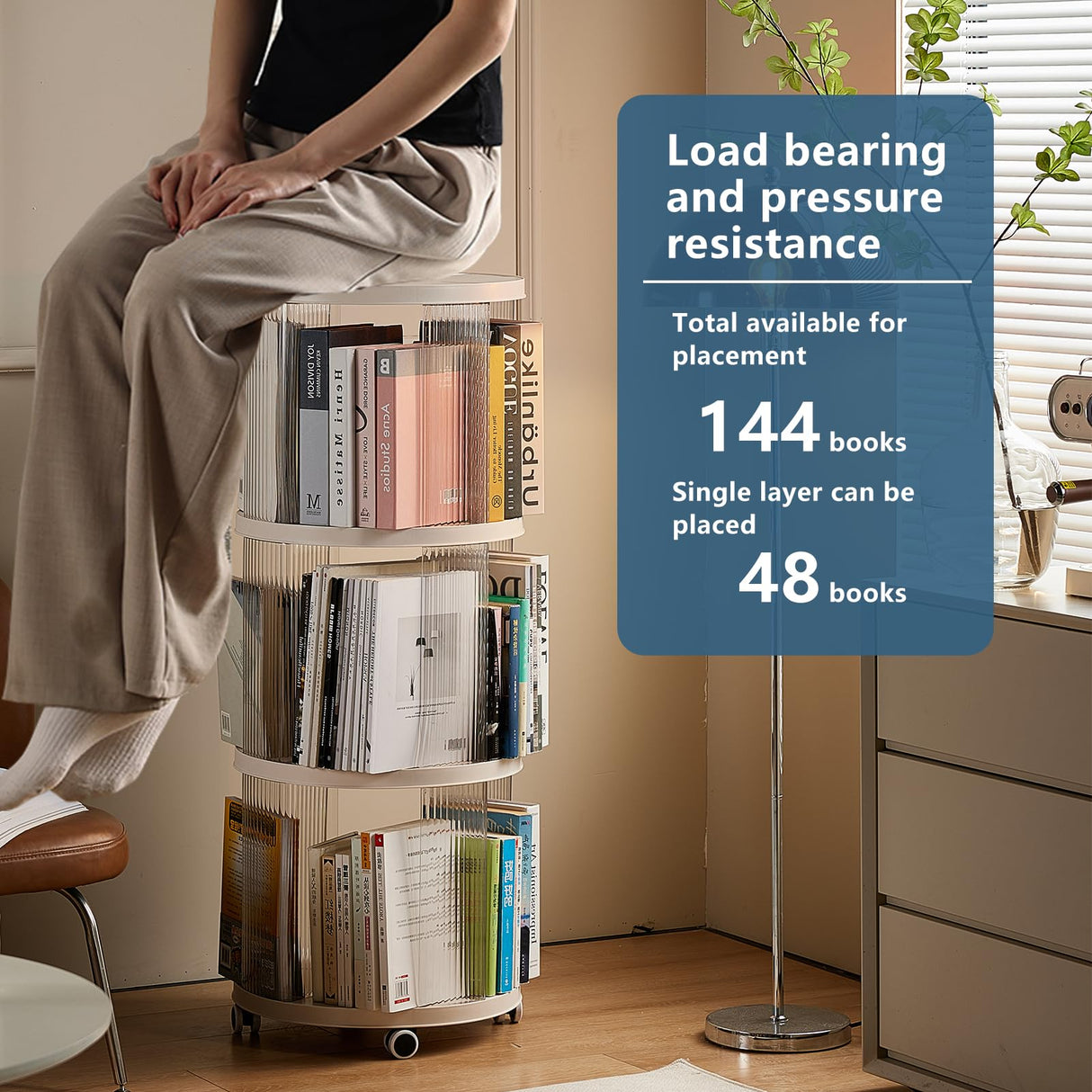 Rolling Bookshelf, 360°Display Spinning Rotating Revolving Bookshelf with Brake Wheels, 3 Tiers Moveable White Small Corner Bookcase Suitable for Bedrooms, Living Looms, Offices, and Study Rooms Leafpool